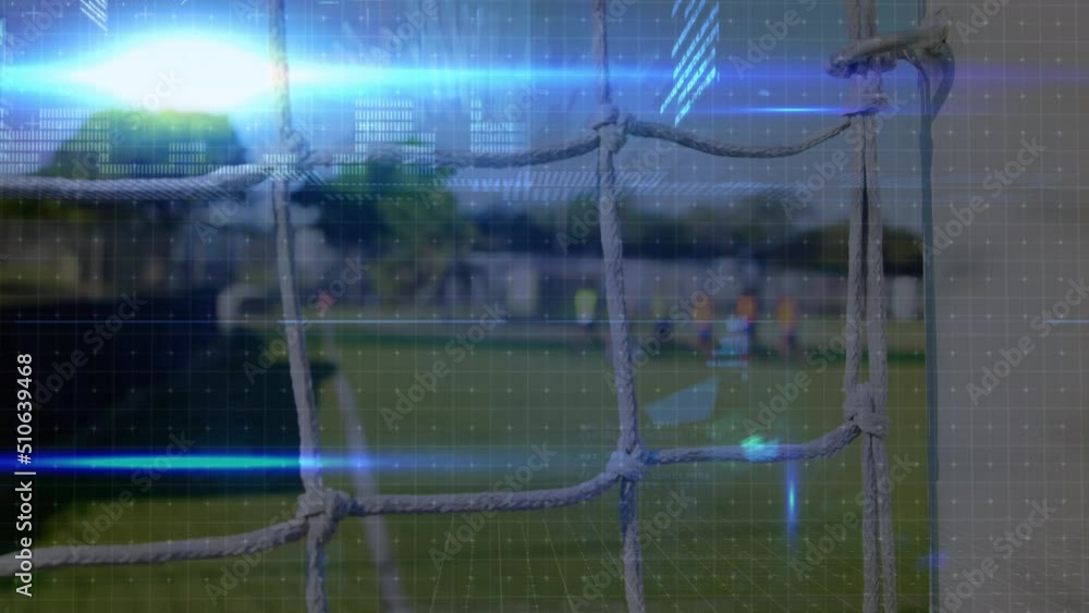Poster blue spots of light and data processing against close up of goal post net on sports field