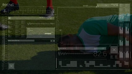 Interface with data processing against injured african american male soccer player holding his leg - Powered by Adobe