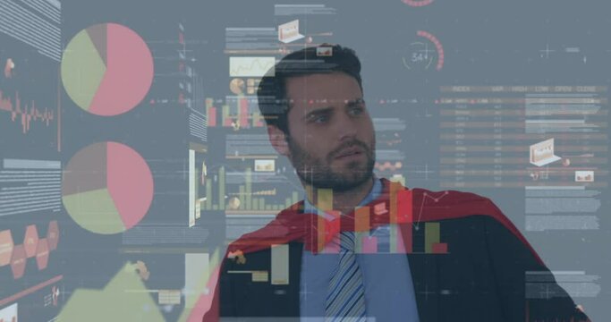 Statistical data processing over caucasian businessman in superhero costume against grey background
