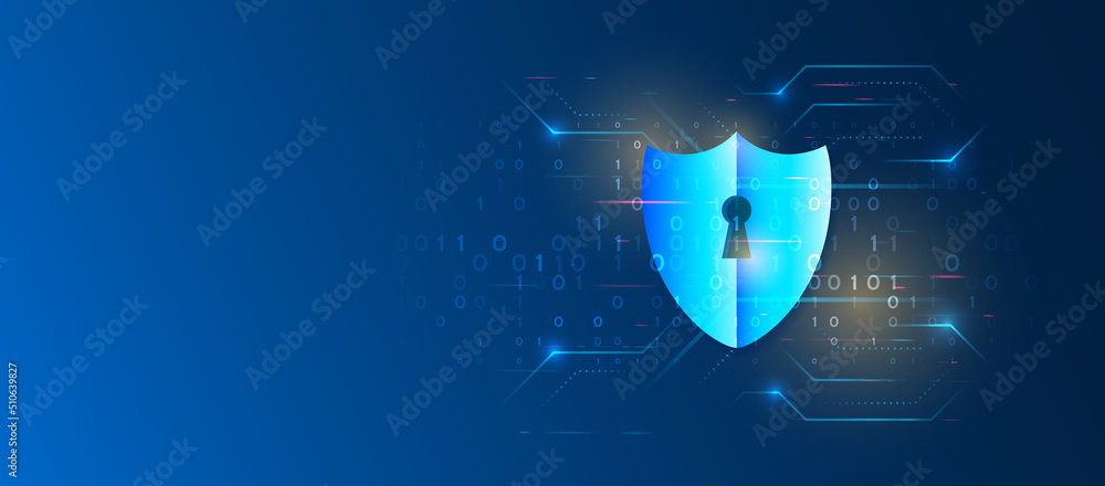 Poster Shield icon, future technology for verification. Abstract high tech background. Data security system, information, or network protection. Cyber security and data protection.