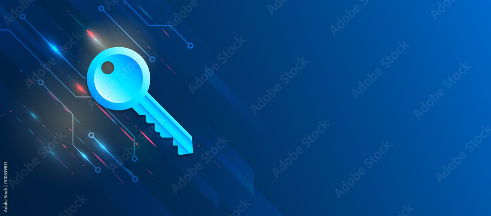 Poster Cyber security and data protection. Key icon, future technology for verification. Abstract high tech background. Data security system, information, or network protection.