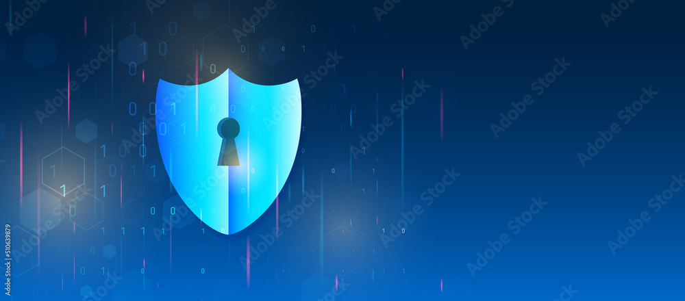 Poster Abstract high tech background. Data security system, information, or network protection. Cyber security and data protection. Shield icon, future technology for verification.