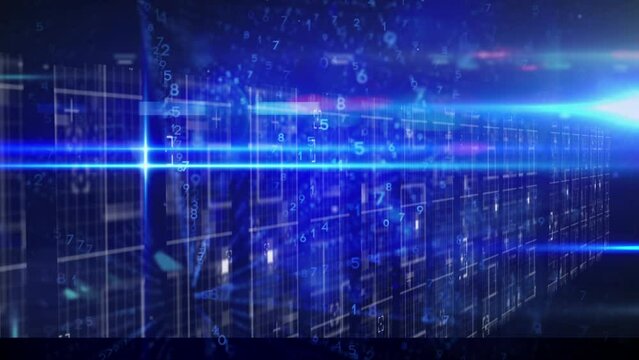 Animation of data processing and light trails over moving columns on black background - Powered by Adobe