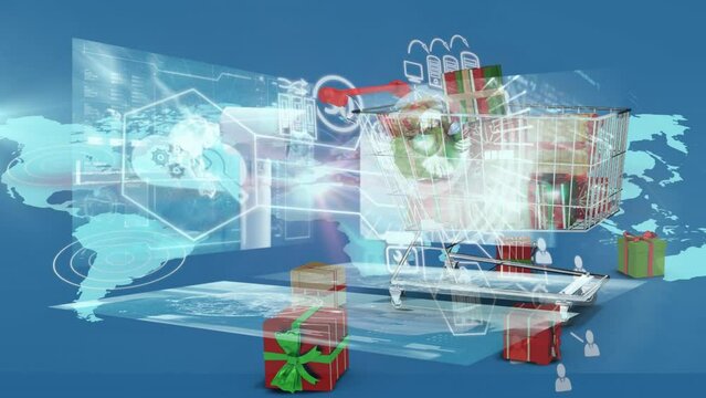 Animation of data processing over shopping cart with presents