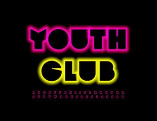 Vector neon Emblem Youth Club. Unique glowing Alphabet Letters and Numbers set. Brght Artistic Font
