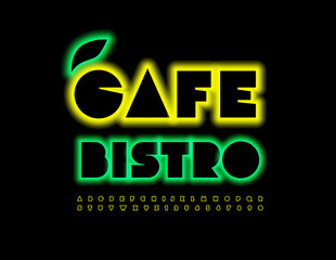 Vector glowing Signboard Cafe Bistro. Stylish Bright Font. Modern neon Alphabet Letters and Numbers set