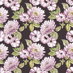 Seamless Hand painted Watercolour chrysanthemum floral bunch pattern
