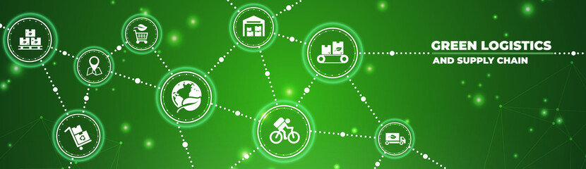 green supply chain vector illustration. Concept with connected icons related to sustainable logistics, environmentally friendly transport of goods, and co2 reduction.
