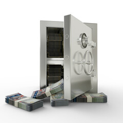 Bundles of 100000 Armenian dram in Steel safe box. 3D rendering of stacks of money inside metallic vault isolated on white background, Financial protection concept, financial safety.