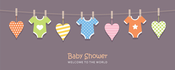 its a boy welcome greeting card for childbirth with hanging hearts and bodysuits