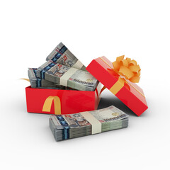 Stack of 100000 Armenian dram notes inside an open red gift box. Bundles of Armenian dram inside a gift box. 3d rendering of money inside box isolated on white background