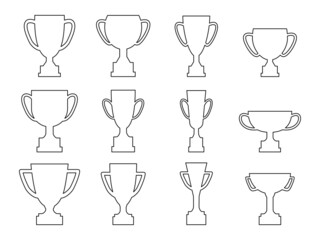 Award cup line set. Winning cups outline collection. Victory linear symbols. Vector illustration isolated on white.