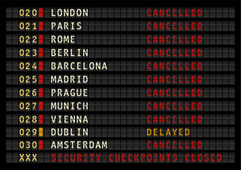 Fototapeta premium airport information display with security checkpoints closed message, cancelled and delayed flights, vector illustration