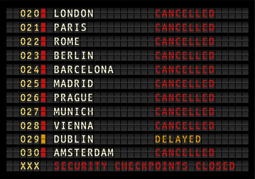 airport information display with security checkpoints closed message, cancelled and delayed flights, vector illustration