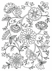 Monochrome seamless pattern with floral motifs. Texture with stylized flowers, leaves. Natural background in doodle line style. Coloring book page. Vector contour illustration.