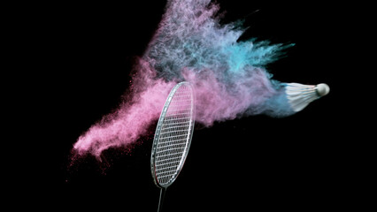 Freeze motion of badminton racket hitting the ball
