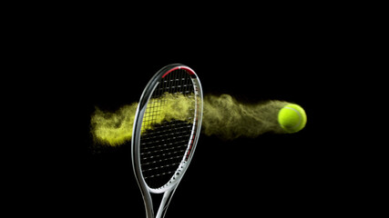 Freeze motion of tennis racket hitting the ball