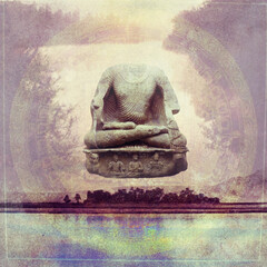 No Mind stone buddha who has lost his head floating above a calm sea island. 