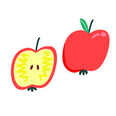 Fresh apple with stem and leaf and sliced part of apple. Whole red garden fruit. Sweet ripe natural healthy food. Flat vector illustration of organic vitamin icon isolated on white background.