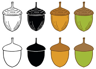 Acorn Nut Clipart Set - Outline, Silhouette and Color