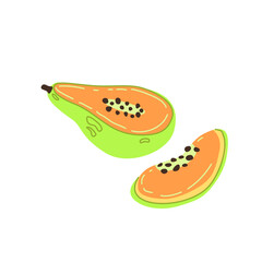 Papaya half with seeds. Cut piece of tropical fruit. Icon of exotic pawpaw drawn in doodle style. Papaw cross section, top view. Flat vector illustration isolated on white background