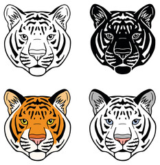 Tiger Face Clipart Set - Outline, Silhouette and Color	