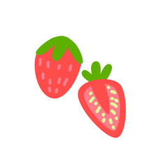 Ripe red strawberries vector flat illustration. Hand drawn fresh sweet berries isolated on white background. Organic seasonal edible fruit. Tasty juicy garden plant
