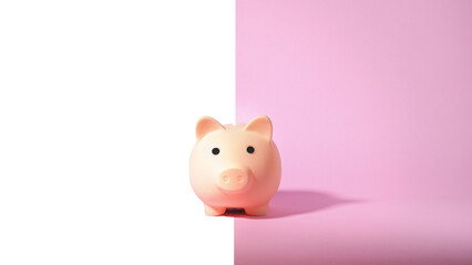 Piggy bank isolated on pink background. Saving money concept.