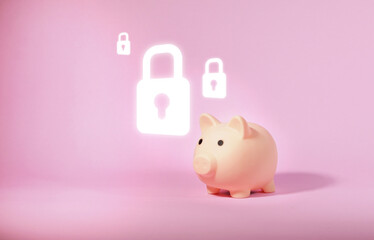 Piggy bank and key lock icon. Security money concept.