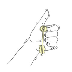 Hand holding a house key. Concept of real estate - Sale, Buy, Offer, Buying the house. Black and white doodle, hand drawn image. Vector