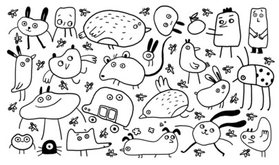 Funny doodle animals and hand drawn creatures collection with contour black line – vector