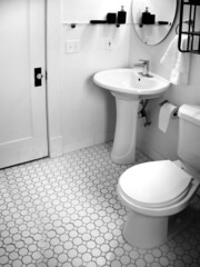 Old Fashioned Vintage Bathroom with Sink and White Tiles