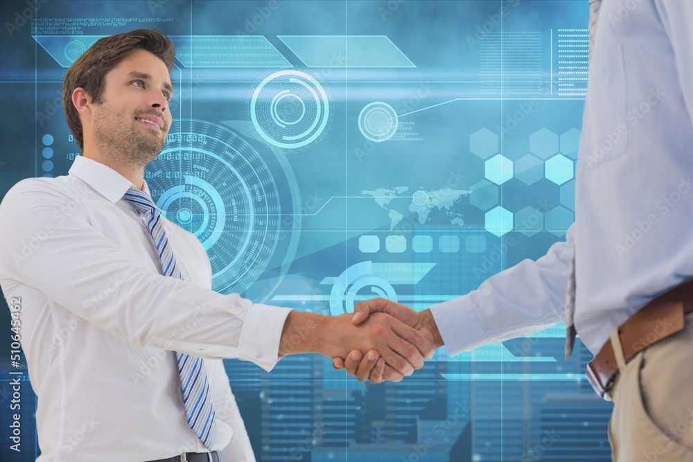 Poster two diverse businessmen shaking hands against digital interface with data processing