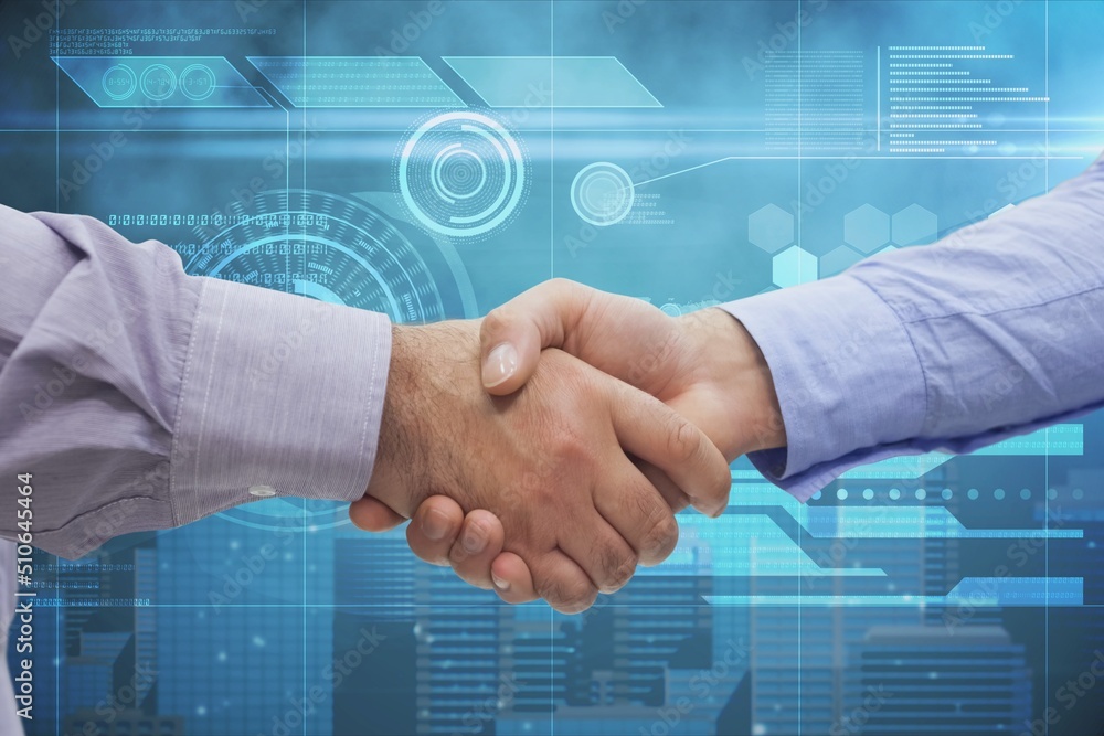 Poster hands of two diverse businessmen shaking hands against digital interface with data processing