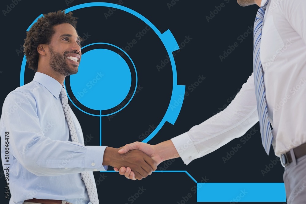 Poster two diverse businessmen shaking hands against digital interface with data processing