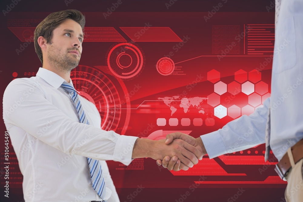 Poster two diverse businessmen shaking hands against digital interface with data processing