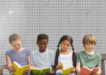Group of diverse students reading books against textured grey background with copy space