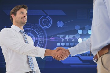 Two diverse businessmen shaking hands against digital interface with data processing