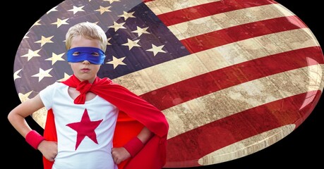 Caucasian boy in superhero costume against american flag design over a badge with copy space