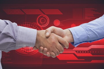 Hands of two diverse businessmen shaking hands against digital interface with data processing
