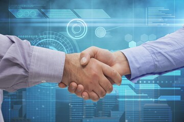 Hands of two diverse businessmen shaking hands against digital interface with data processing