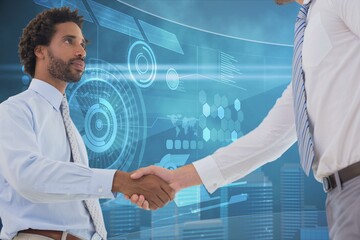 Two diverse businessmen shaking hands against digital interface with data processing