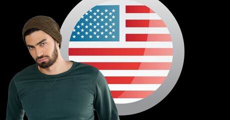 Portrait of a male caucasian man against american flag design over a badge with copy space