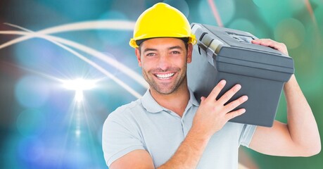 Caucasian male worker carrying a case against digital waves on blue background with copy space