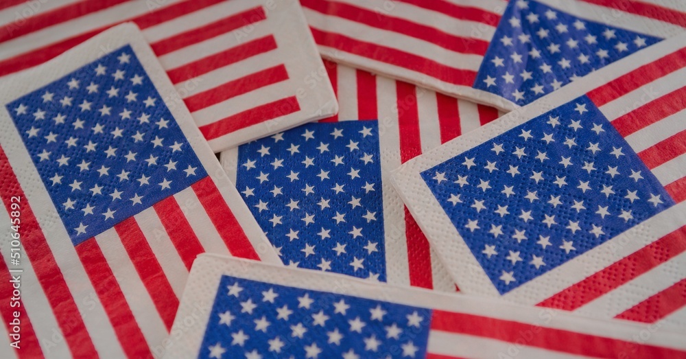 Poster close up view of multiple miniature american flags with copy space