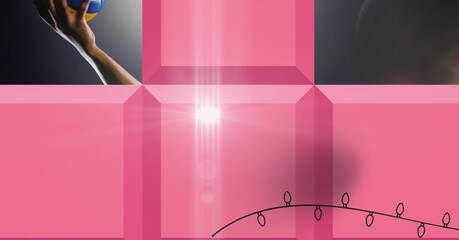 Composite image of spot of light over pink 3d banner against copy space on grey background