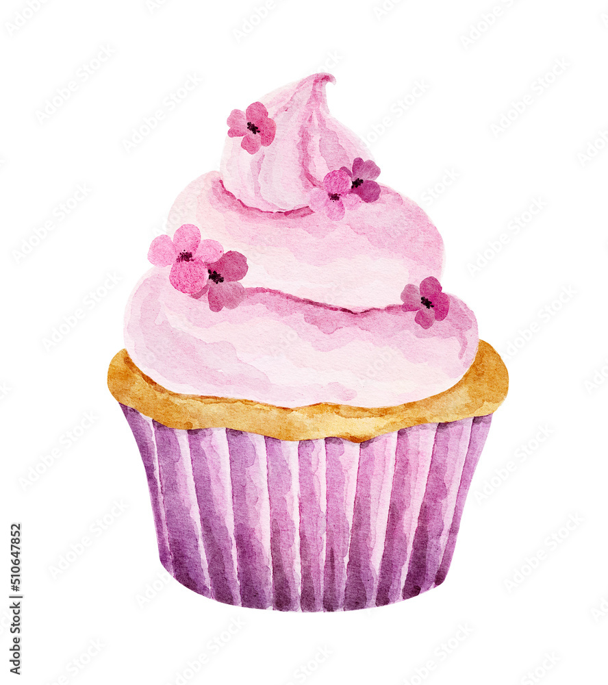 Wall mural watercolor delicious cupcake with small flowers isolated on white background.