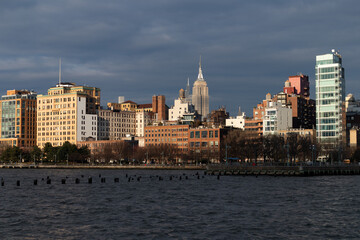 New York City Hudson River Riverfront and Skyline on a Cloudy Day
