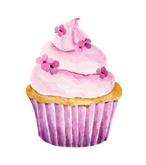 Watercolor delicious cupcake with small flowers isolated on white background.