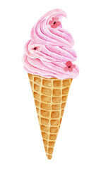 Watercolor ice cream with decorative flowers in waffle cone isolated on white background.
